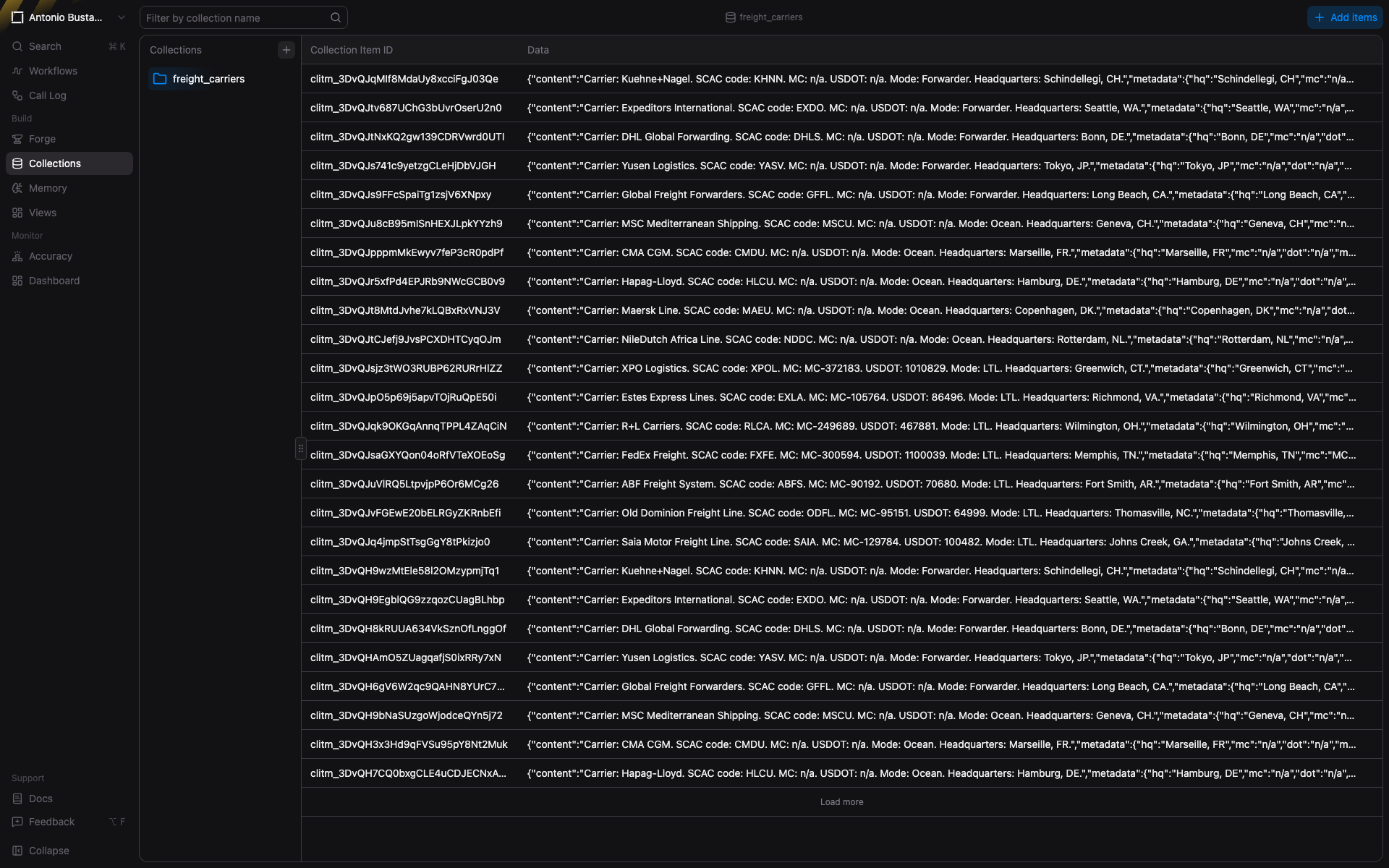 The freight_carriers Collection in the bem dashboard.