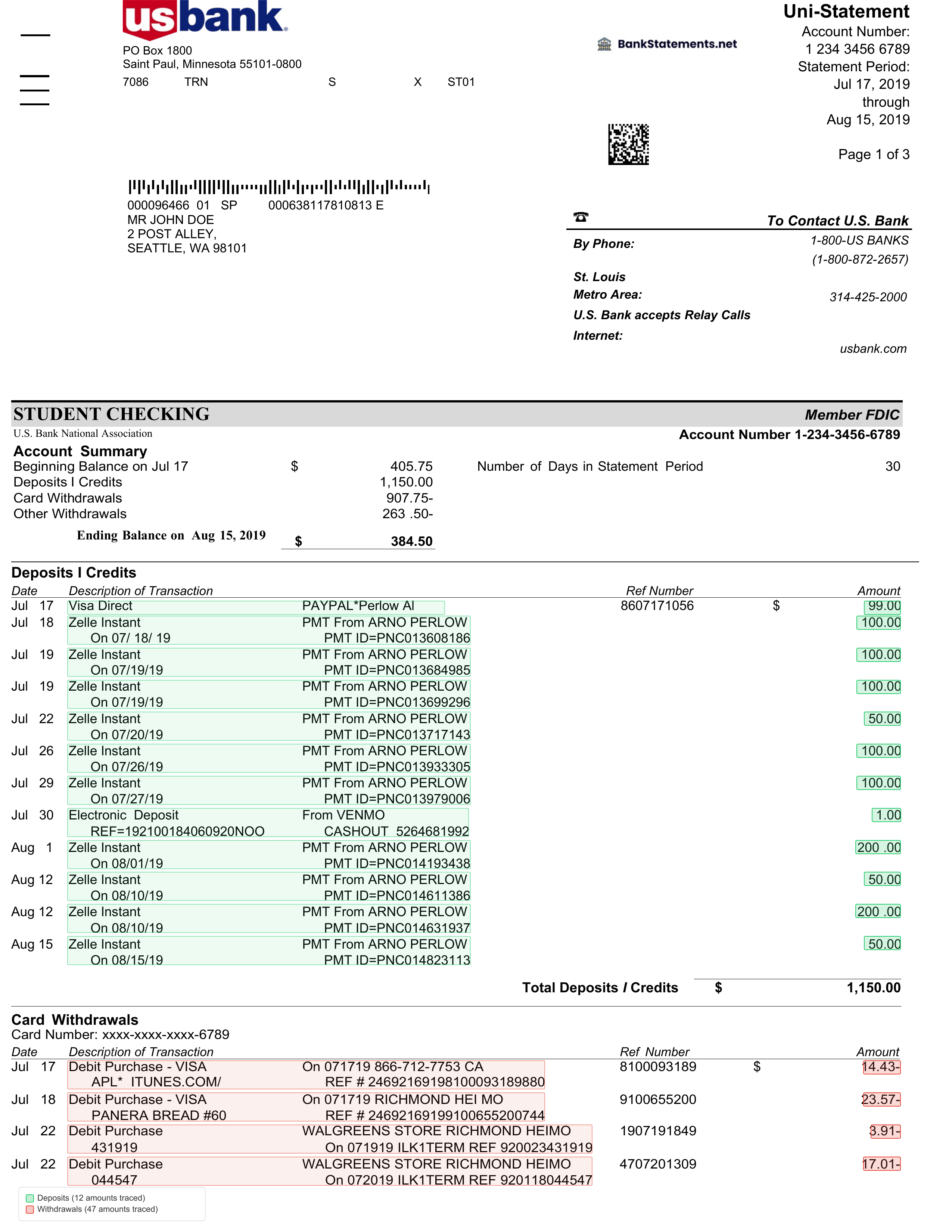 Bounding boxes tracing every transaction amount and description