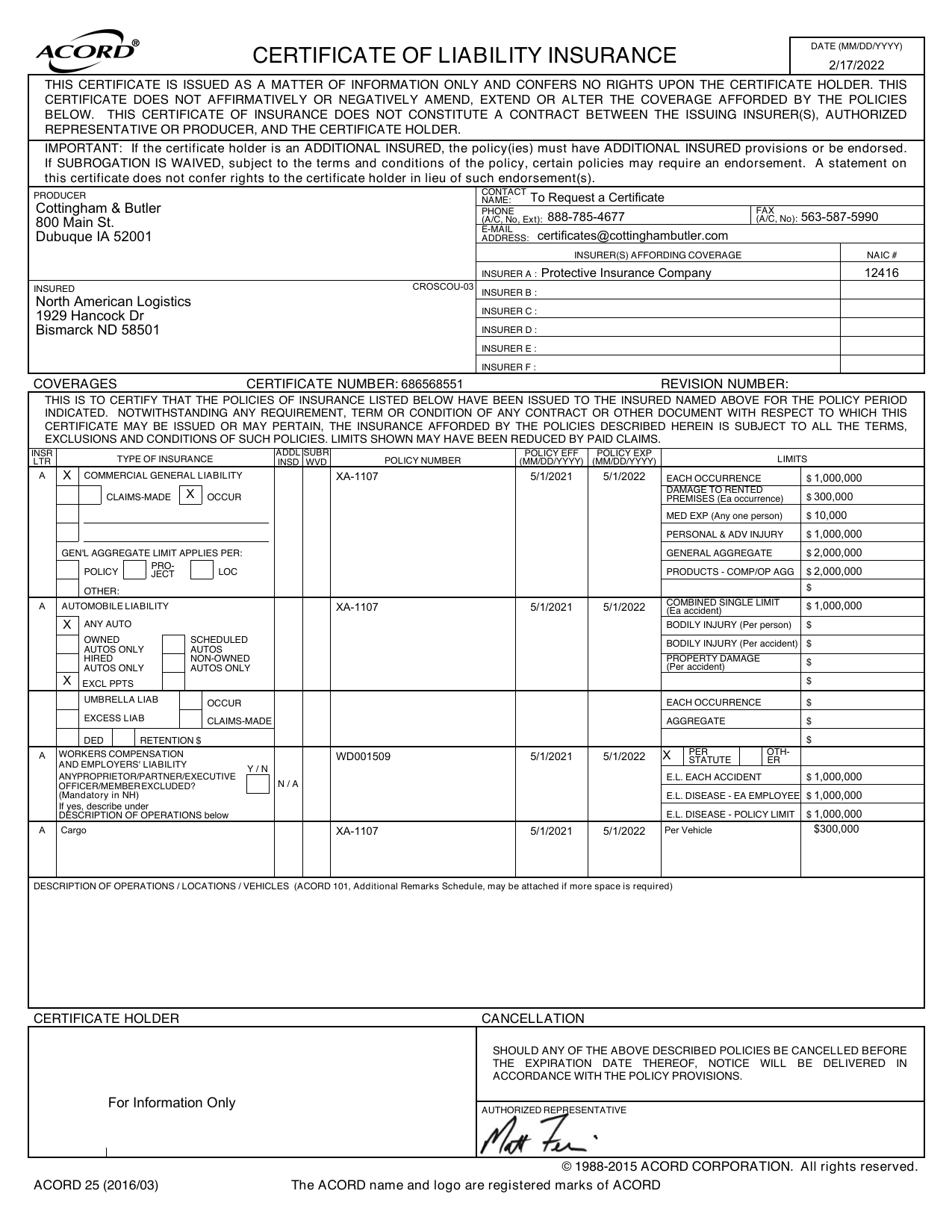Sample ACORD 25 certificate of liability insurance for a trucking carrier, issued by Cottingham and Butler