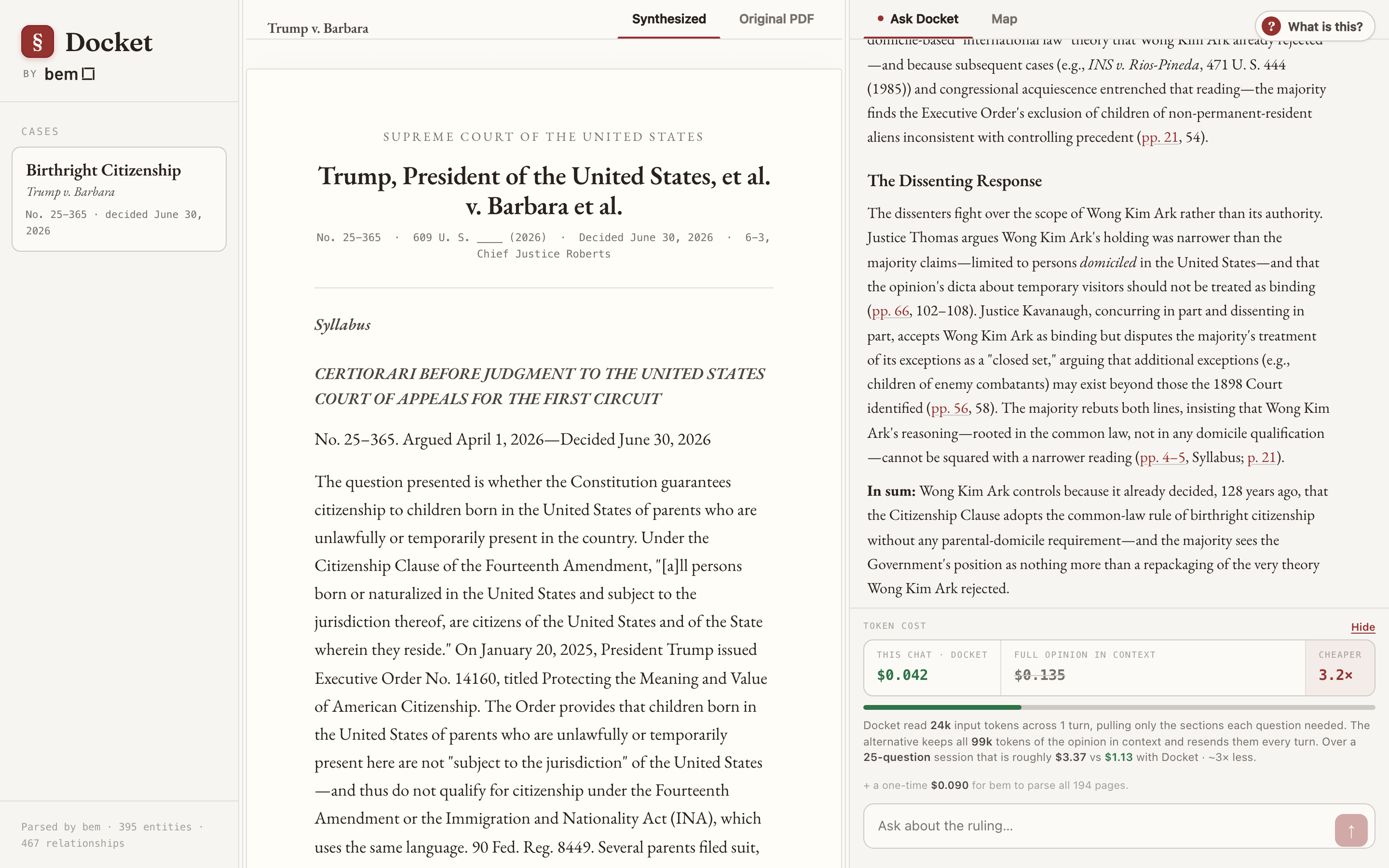 The Docket agent answering a question with clickable page citations