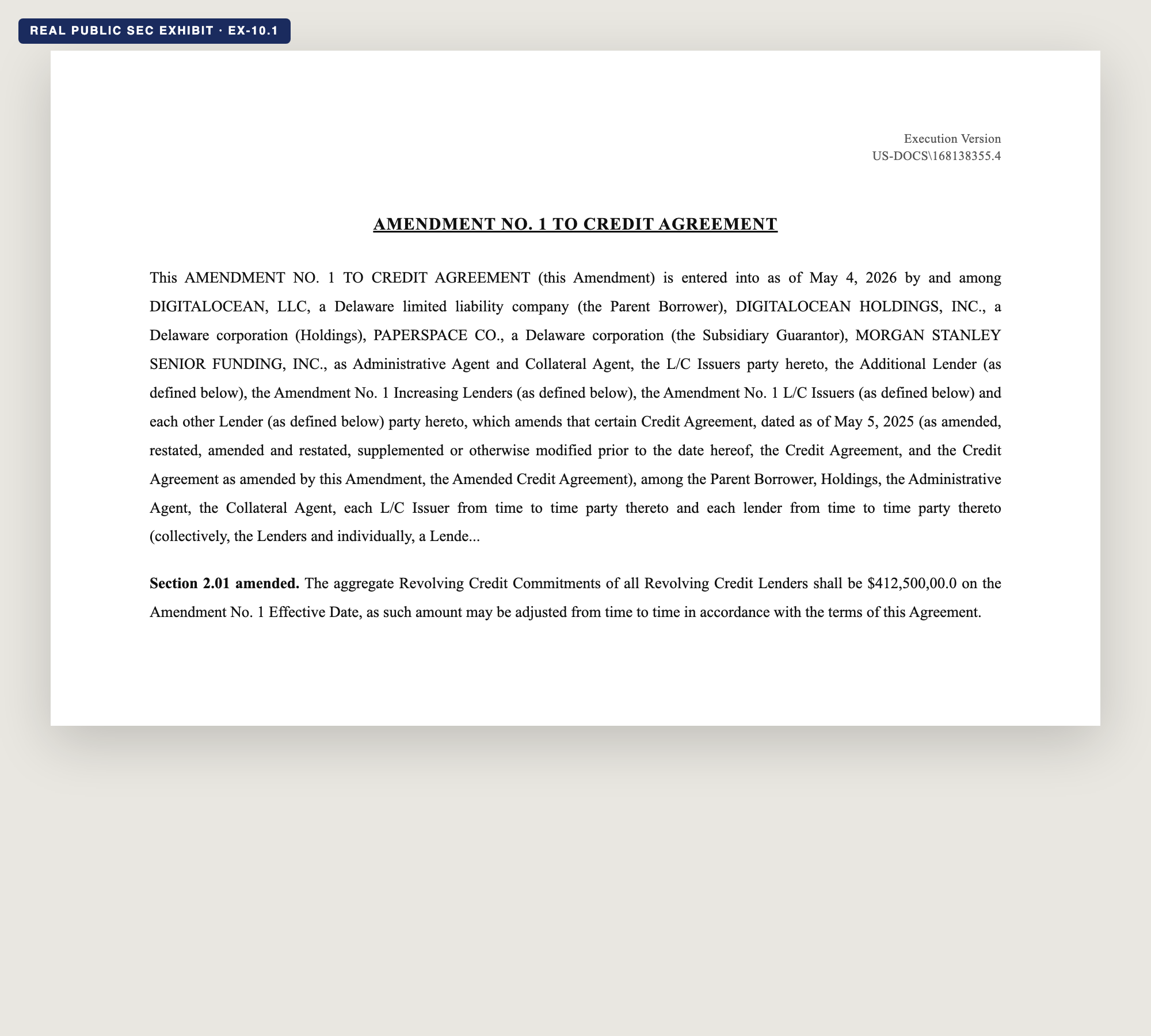 First page of DigitalOcean's real Amendment No. 1 to Credit Agreement, the public SEC exhibit used as the input