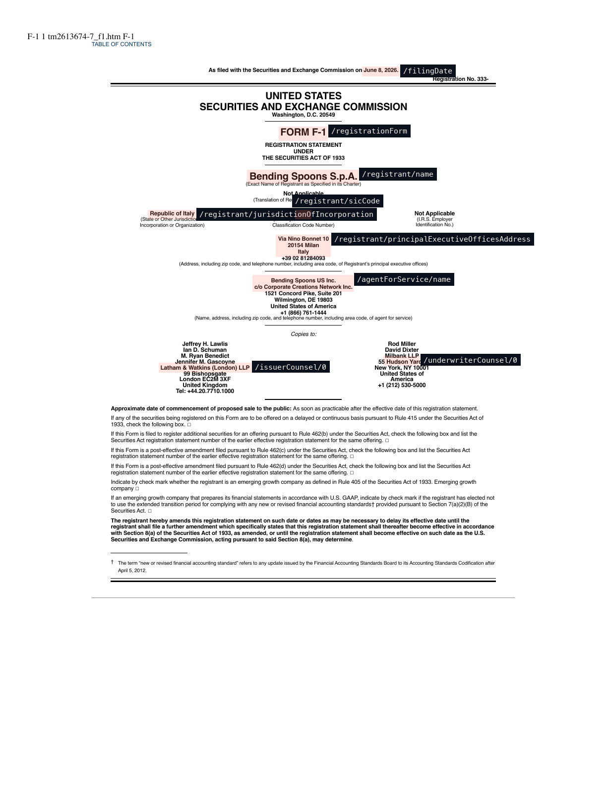 The F-1 cover with bounding boxes around the registrant, jurisdiction, SIC code, agent, and counsel