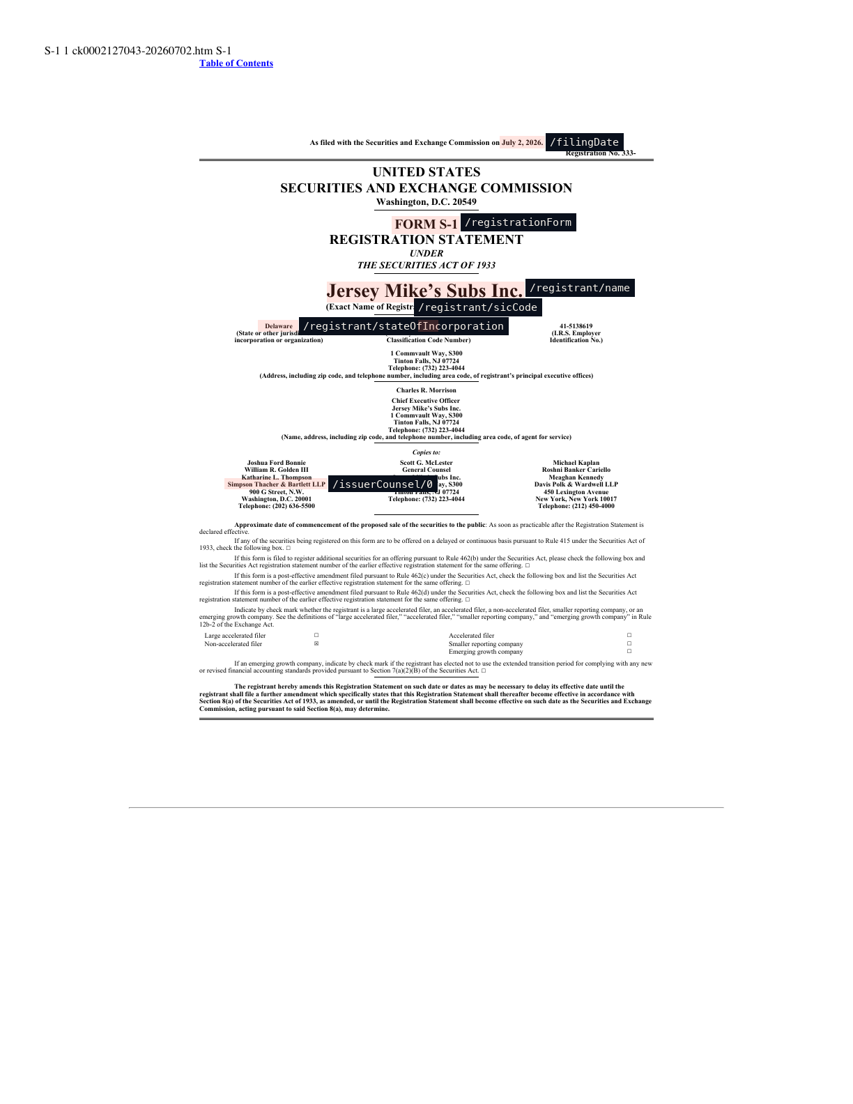 The S-1 cover, with bounding boxes around the registrant, sponsor, ticker, exchange, and counsel