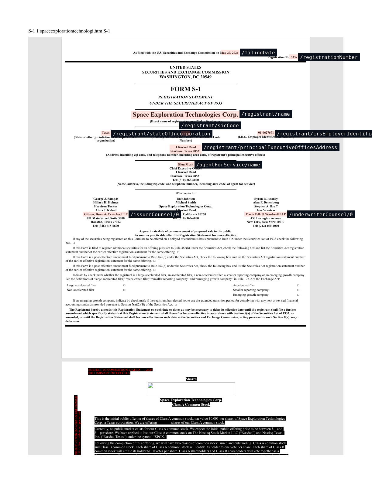 Cover page with bounding boxes around extracted issuer and counsel fields