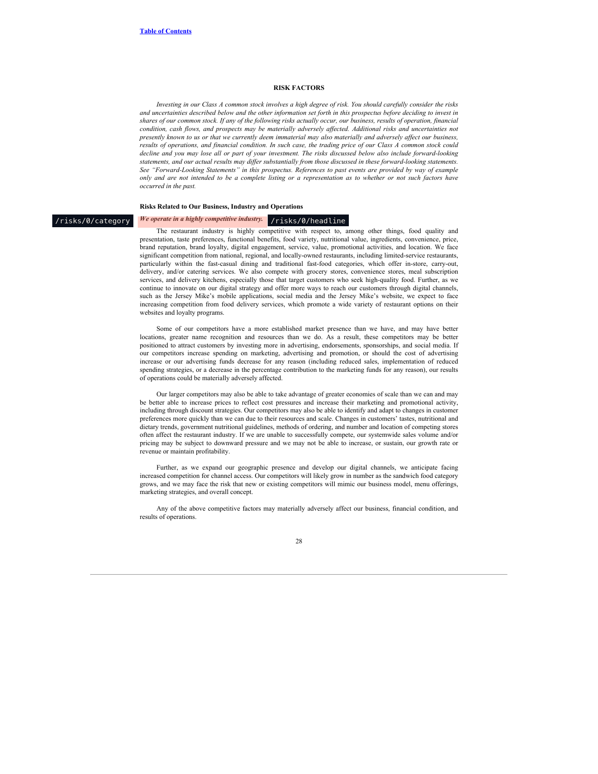 Risk factor headlines with bounding boxes and category labels