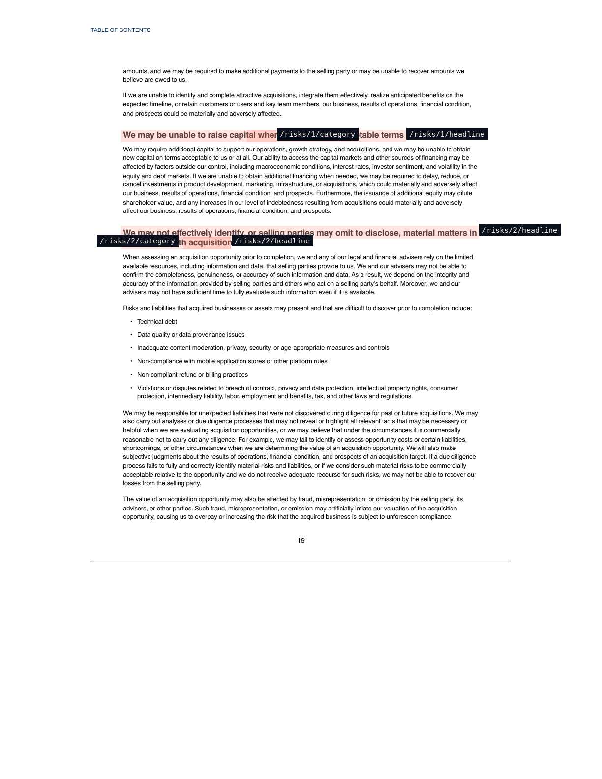 Risk Factors with bounding boxes around the risk headlines and category labels