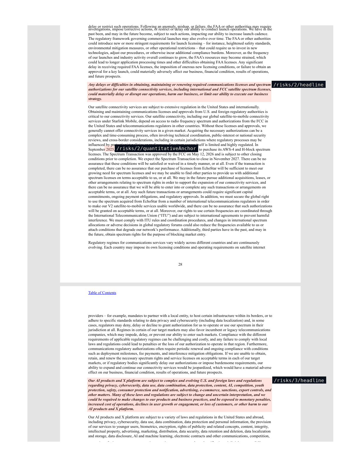 Risk Factors section with bounding boxes around the top risk headlines